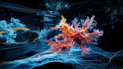 Poster - Vibrant coral reef simulation virtual ocean 3d render abstract art digital environment technology concept