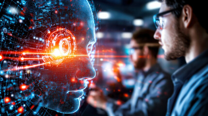 Poster - Conceptual illustration of digital workforce, showcasing human and AI interaction with glowing elements, symbolizing technology and innovation in workplace