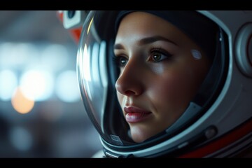 close-up of a female astronaut in a spacesuit, highlighting her focused expression as she prepares f