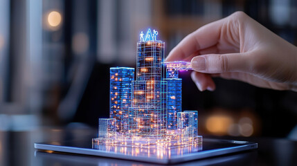 Poster - conceptual image of business using technology to visualize urban development. hand interacts with holographic city model, showcasing innovation and modern architecture