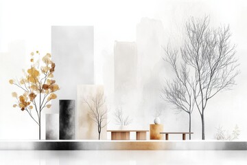 Aufkleber - A flat design of a modern urban street with minimalistic details, featuring a few trees and benches in muted tones