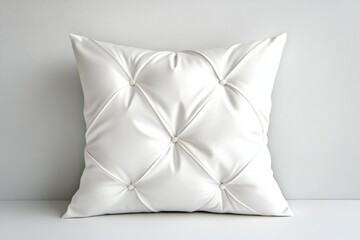 Poster - A flat design of a single tufted cushion in neutral tones, styled against a plain white canvas