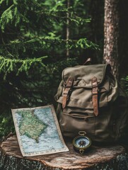 Aufkleber - Exploring the wilderness with a compass, map, and backpack on a tree stump in a lush forest setting. Generative AI