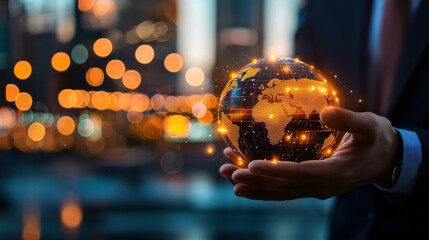 Poster - person holding glowing globe representing global economic collaboration, with blurred city background. image conveys innovation and connectivity