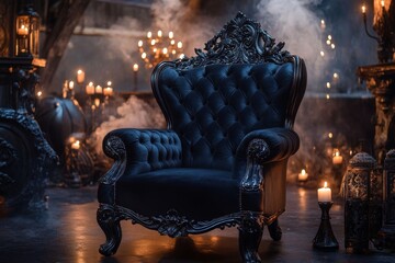 Poster - A gothic armchair with dark, velvet upholstery and ornate, carved wooden arms, placed in a shadowy, candlelit room