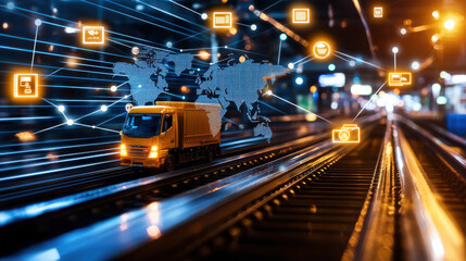 Poster - conceptual image of interconnected global markets featuring yellow truck on railway tracks at night, symbolizing logistics and transportation networks