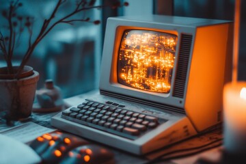 A haunting image of an ancient-looking computer being upgraded with glowing, enchanted parts in a candlelit workshop