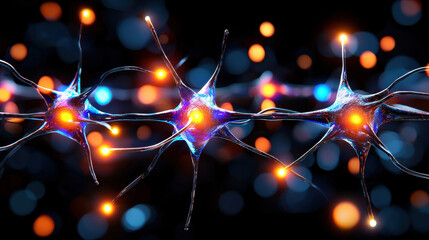Fototapete - Conceptual visualization of neurons and synapses, showcasing intricate connections and glowing elements representing neural activity. This evokes sense of intelligence and complexity