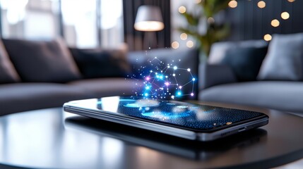 Poster - Futuristic Smartphone Displaying AI Interface in Modern Living Room with Cozy Ambiance