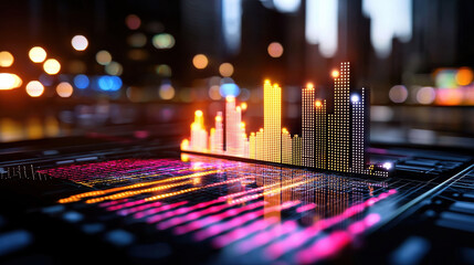 Poster - Futuristic cityscape with vibrant data visualization, showcasing colorful graphs and digital elements, representing technology and innovation in urban environments