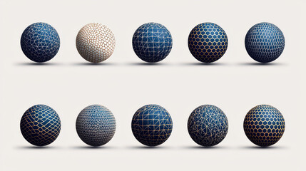 Poster - Geometric spheres with various patterns and textures in blue and white. These creative designs showcase mix of modern and artistic styles, perfect for digital art or graphic design projects