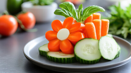 Poster - creative vegetable carving of flower using tomatoes, cucumbers, and carrots, showcasing vibrant colors and artistic presentation. Perfect for culinary displays and healthy eating