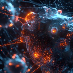 Poster - Detailed 3D visualization showcasing virus structure with capsid, spikes, and glowing RNA strands for scientific analysis. Generative AI