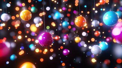 Poster - Colorful hanging spheres create vibrant visual display against dark background, evoking sense of joy and celebration. bright orbs reflect light, enhancing festive atmosphere