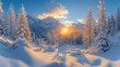 © Erisna Yolanda - Majestic sunrise over snow-covered mountain range, illuminating winter forest.