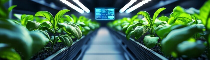 Poster - High-Tech Indoor Farming Scene with Vibrant Green Plants and Modern Technology Display