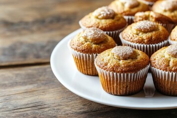 Wall Mural - Freshly baked muffins sit atop a wooden table, perfect for a breakfast or brunch setting