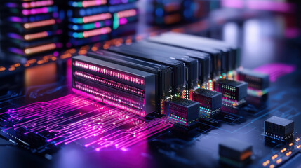 Poster - digital representation of big data processing with vibrant colors and intricate circuitry. image showcases advanced technology and data flow in futuristic setting