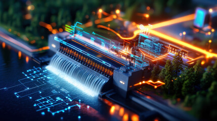 Aufkleber - drone view of hydroelectric dam with digital overlays showcasing energy flow and technology. scene captures blend of nature and modern engineering
