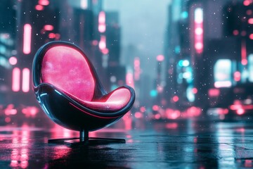 Poster - A neon-lit futuristic chair with glowing, holographic upholstery, placed in a high-tech urban setting