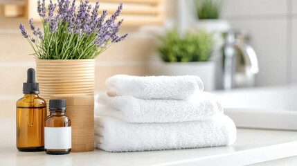 Poster - Fresh white towels and essential oils beside potted lavender plant create serene bathroom atmosphere, perfect for relaxation and self care