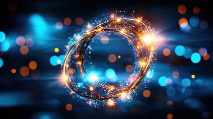 Aufkleber - Futuristic glowing circle with bright particles and blue bokeh background, representing data analysis and technology. mesmerizing visual of innovation and creativity