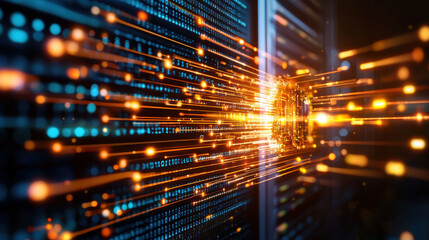 Poster - Futuristic data center with glowing servers and vibrant data streams, showcasing advanced technology and digital innovation. visual representation of high speed data transfer