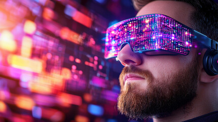 Fototapete - Futuristic man wearing colorful augmented reality glasses, immersed in digital data visualization, showcasing advanced technology and innovation in vibrant environment