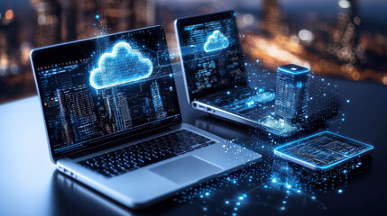 Leinwandbilder - modern digital workspace showcasing cloud gaming technology with laptops, tablet, and server. glowing cloud symbol represents data transfer and connectivity