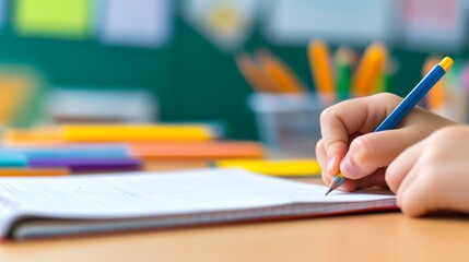 Poster - Close up of a student's hand writing in a notebook, surrounded by colored pencils and a green chalkboard, highlighting education and learning in a classroom