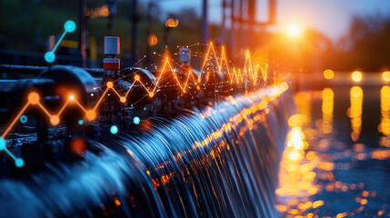 Poster - Hydroelectric facility at sunrise with flowing water and digital lines, showcasing energy generation and technology in harmony with nature