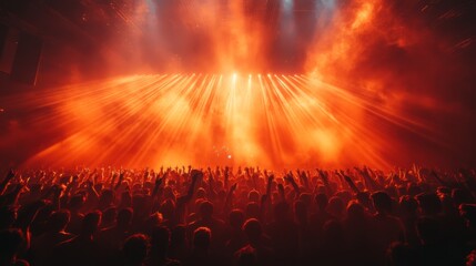 Poster - A lively concert experience unfolds with an enthusiastic crowd raising their hands in excitement. Bright lights and colorful smoke create an electrifying atmosphere filled with energy and music.