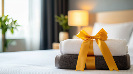 Aufkleber - Luxurious hotel room with plush towels arranged elegantly, featuring yellow bow. warm ambiance creates welcoming atmosphere for relaxation and comfort