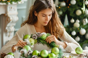 Crafting Christmas Cheer: A woman meticulously adorns a festive wreath with evergreen branches, pine cones, and gleaming ornaments, radiating a spirit of holiday joy and creativity. 