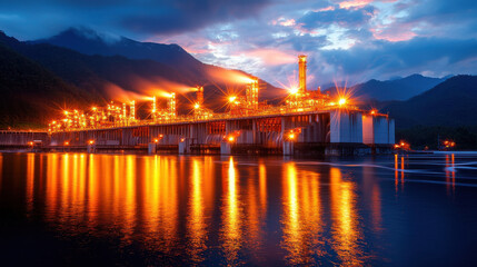 Poster - nighttime view of hydroelectric dam illuminated by glowing lights, reflecting on water. surrounding mountains create stunning backdrop, enhancing serene atmosphere