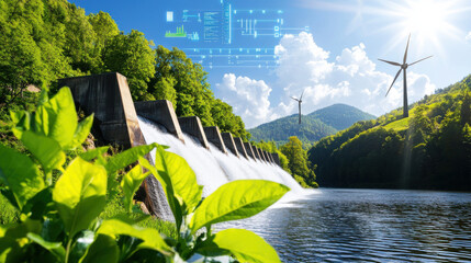 Poster - serene hydroelectric dam surrounded by lush greenery and wind turbines, showcasing blend of nature and technology. sunlight reflects off water, creating peaceful atmosphere
