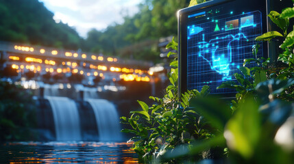 Aufkleber - hydroelectric facility with digital display showcasing data, surrounded by lush greenery and flowing water, creates harmonious blend of nature and technology