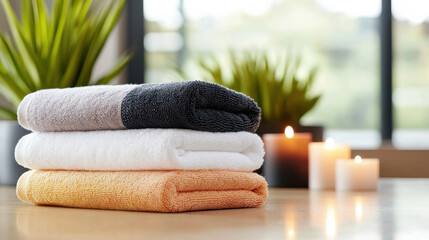 Poster - Neatly folded towels in serene spa like environment with candles and plants create calming atmosphere. Perfect for relaxation and self care moments