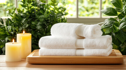 Poster - Neatly folded white towels on wooden tray, surrounded by candles and greenery, create serene spa like atmosphere. Perfect for relaxation and self care