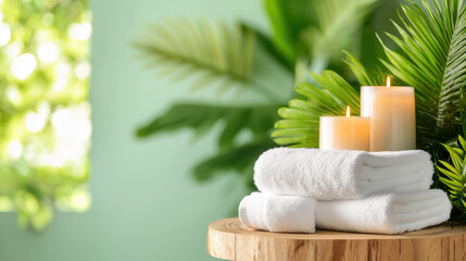 Poster - Neatly folded towels on wooden table with candles and greenery create serene spa like atmosphere. Perfect for relaxation and wellness