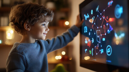 Aufkleber - child interacting with modern touchscreen display, showcasing curiosity and engagement in cozy environment. setup highlights technology and learning