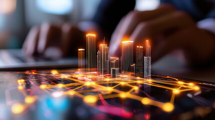 Poster - futuristic smart city concept powered by big data, showcasing glowing skyscrapers and digital connections. image reflects innovation and technology in urban development