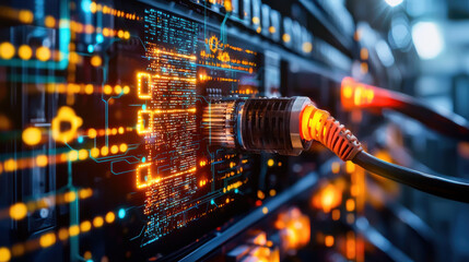 Poster - High tech server with glowing circuit board and network cable connected, showcasing digital connectivity and data transfer in modern data center