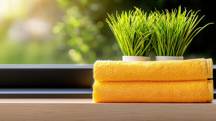 Poster - Bright yellow towels stacked neatly on wooden shelf, complemented by vibrant green plants in pots, creating fresh and inviting atmosphere