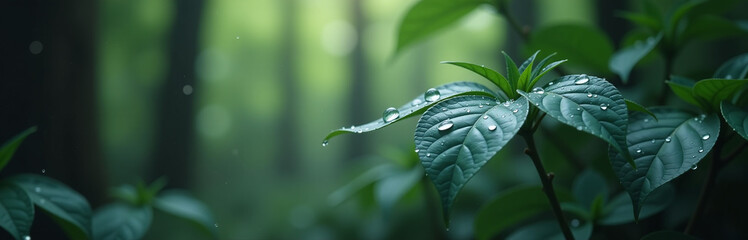 Poster - Droplets Of Water Cling To Dark Forest Leaves Amidst A Serene Natural Setting Created By Artificial Intelligence Generative Techniques. 00003