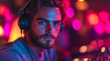 Poster - A young DJ stands at the console, immersed in his music, as colorful lights illuminate the crowd around him during a lively nightlife event in the city.