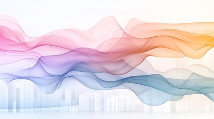 Poster - Ethereal Cityscape Gradient Iridescent Waves of Futuristic Digital Art with Billowing Pastel Shapes Geometric Elements and a Blurred Urban Backdrop in a Cyberpunk Inspired Aesthetic
