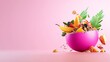 © vixer.std - Pink bowl with exploding fresh tropical fruits, berries, and granola on a pink background.