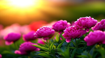 Wall Mural - Stunning pink peonies in a spring garden at sunset, ideal for a banner with ample copy space.