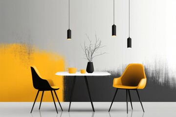 Poster - A stylized design of a single urban cafÃ© table under a string of hanging lights, drawn in muted tones with sleek edges